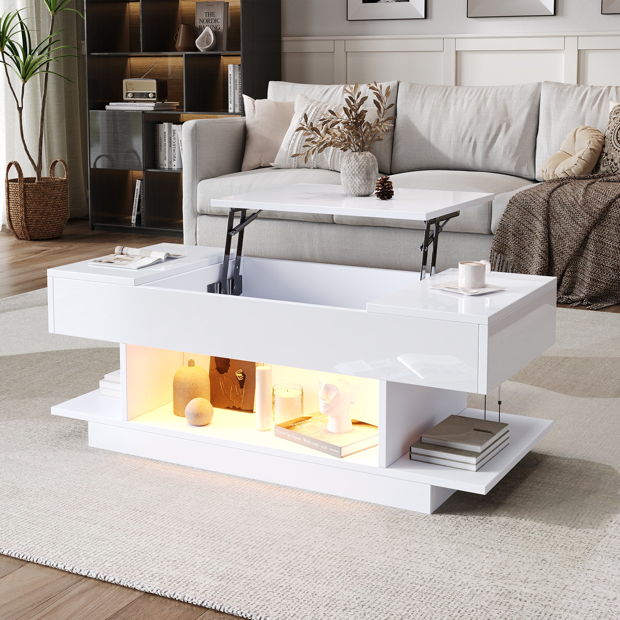 98x45x40cm Lift Coffee Table With Lift Table Top,Height Adjustable Sofa Table,Coffee Table With 2 Folding Cabinets,Living Room Table With Semi-Open Storage,High Gloss Tea Table With LED,White