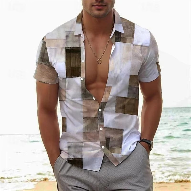 European-size Mens Casual Slim-fit Beach 3D-printed Short-sleeve Shirt