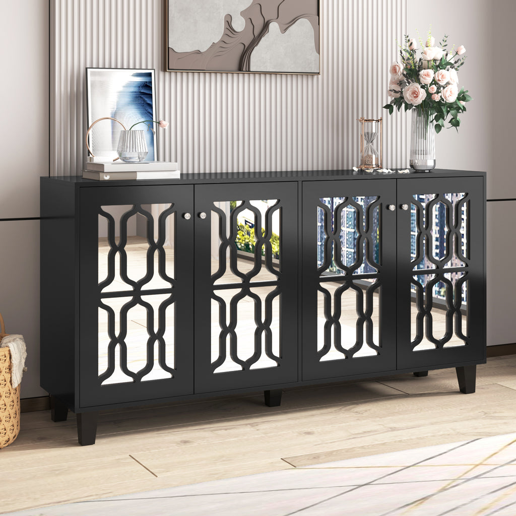 Schwarz Verspiegelte Anrichte Mit Kuhlen Kristallgriffen, Vier Turen, Mit Beweglichem Laminat.fur Wohn- Und Esszimmer, 160 X 40 X 84cm