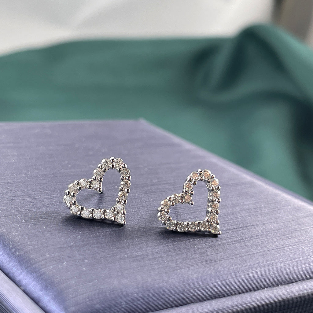 S925 Sterling Silver Open Heart Stud Earrings, D-VVS1 Moissanite Pave Outline, Platinum Plated 2g Women's Jewelry Gift Box