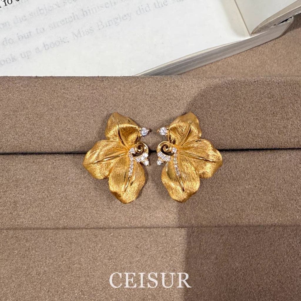 Italian Style Brushed Phalaenopsis Rhinestone Stud Earrings, Retro Heavy Craft All-Match Autumn Winter Fashion Ear Jewelry For Women