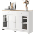 Sideboard With White Wood Grain, Four Doors, Two Drawers, And Glass-fronted Doors. Suitable For Living Room And Dining Room. Wood Finish And White.