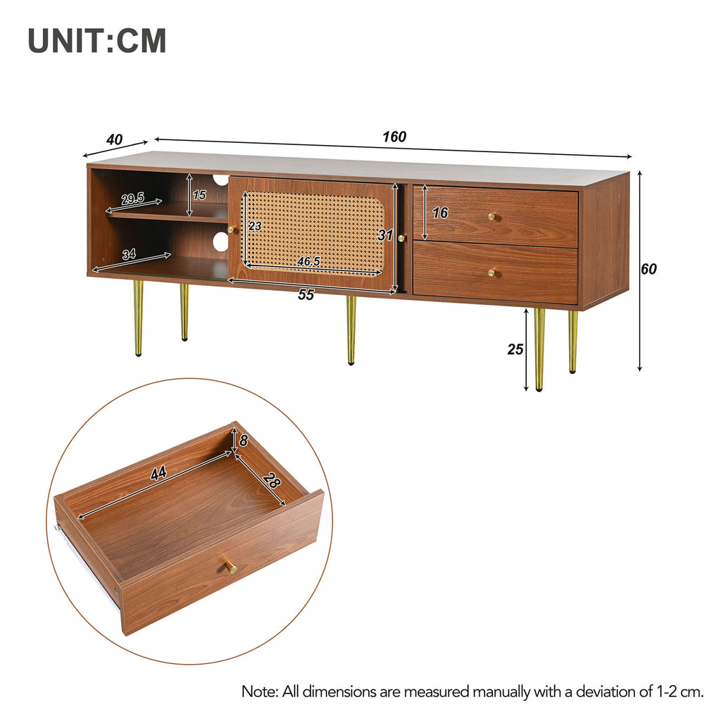 Stylish TV Stand With Rattan Sliding Doors And Practical Drawers, Walnut With Dark Plastic Rattan, 2 Drawers, 2 Rattan Sliding Doors, 4 Storage Compartments, 160x40x60cm.