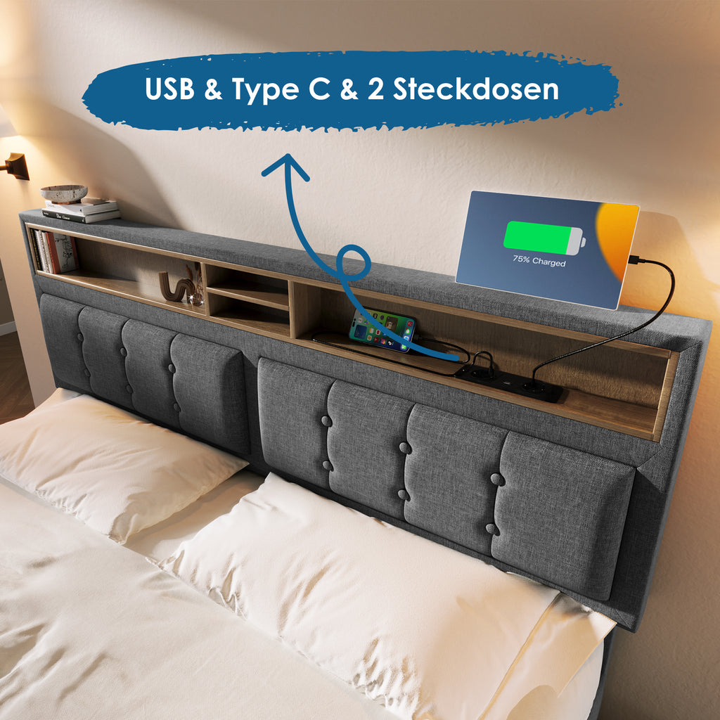 Sofa Bed With USB C Charging Socket, Storage Bed Frame Made Of Linen Material, Youth Bed 160X200 Without Mattress.