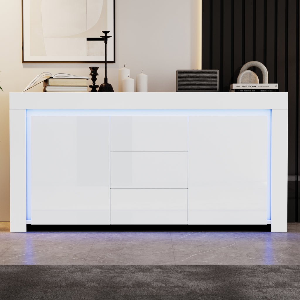 140x40x65cm Living Room Cabinet,Modern Chest Of Drawers With 3 Drawers,2 Doors,Width 140cm,High Gloss Side Cabinet With LED Light Strip,Sideboard With Storage Space,Suitable For Hallways, Living Rooms