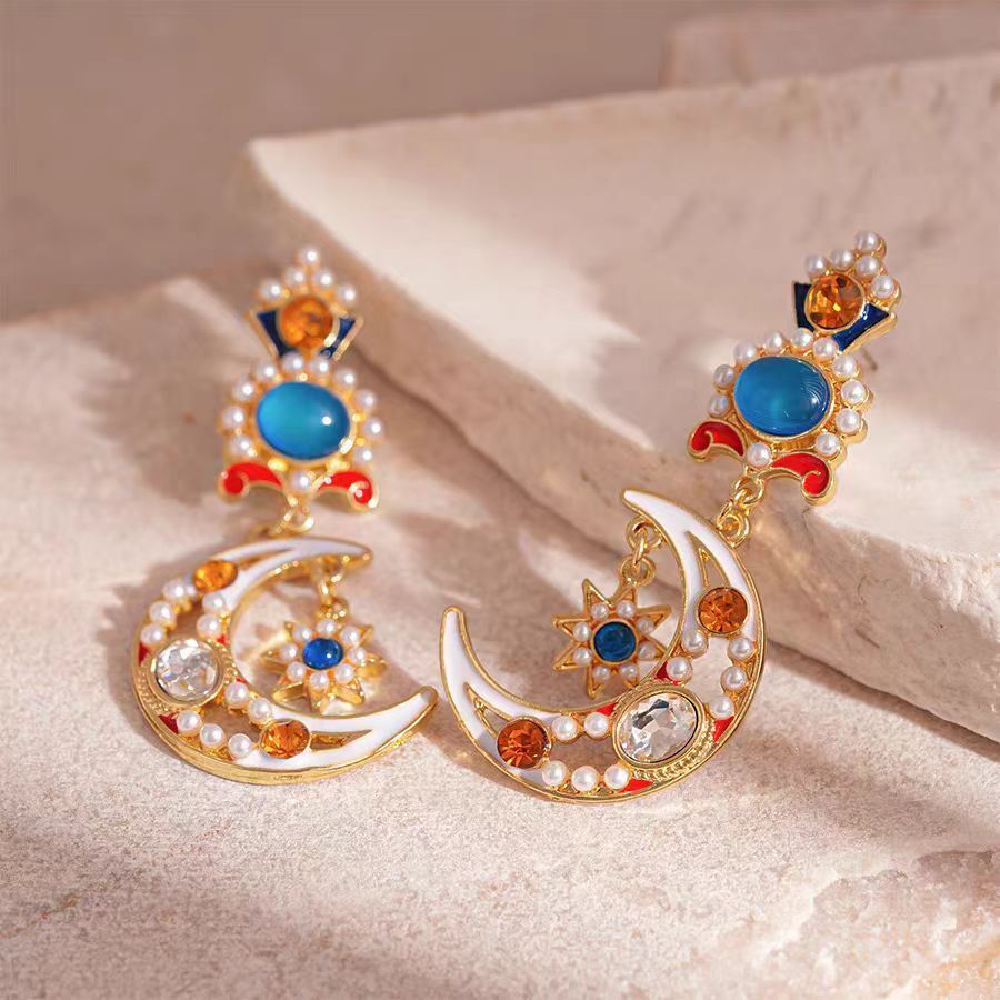 Vintage Moon & Flower Stud Earrings, High-End Ethnic Enamel Pearl Tibetan Style Unique Women's Ear Jewelry