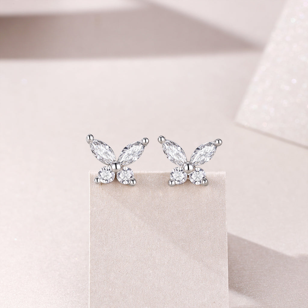 S925 Sterling Silver Butterfly Stud Earrings, D-VVS1 Moissanite Marquise & Round Cut, Platinum Plated 1.6g Women's Jewelry Gift Box