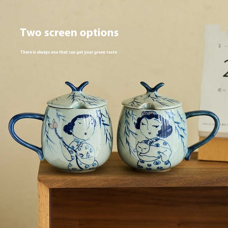 Hand Painted Blue And White Underglaze Mug With Lid