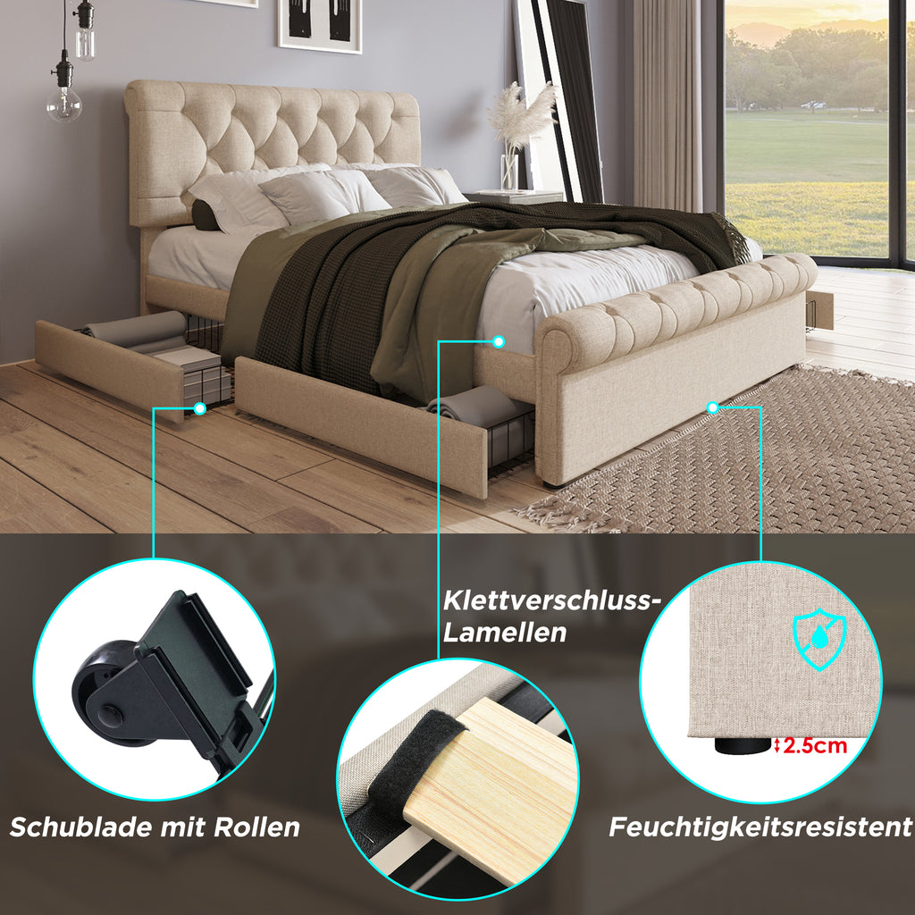 Doppelbett Polsterbett 140x200cm, Bettgestell Mit 4 Schubladen Und Hohenverstellbarem Kopfteil, Chesterfield Funktionsbett, Naturlich,Mit Matratze