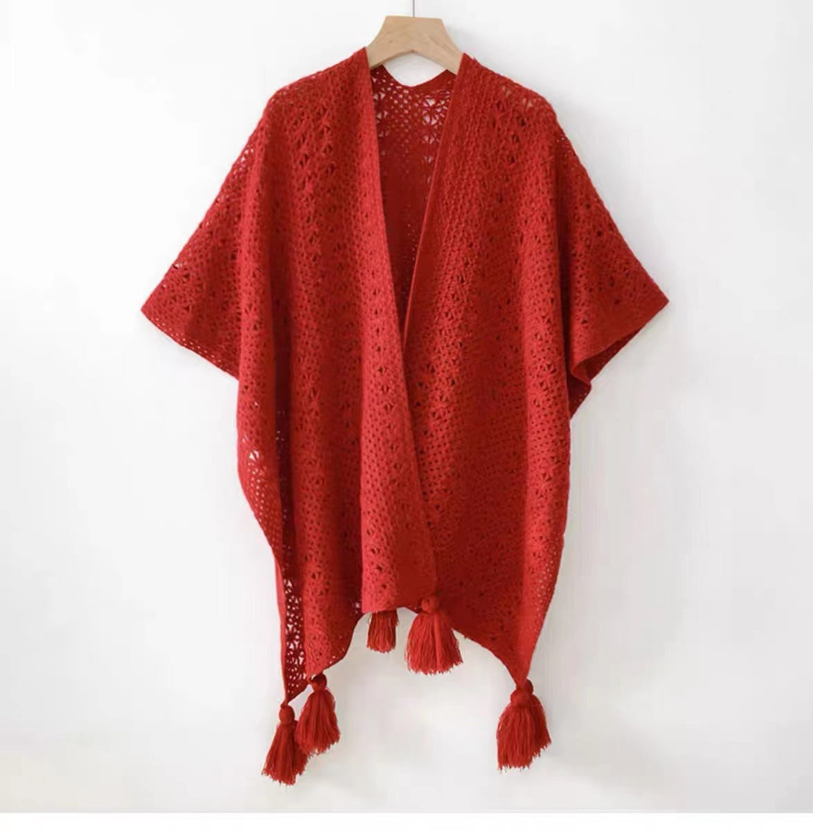 Womens Knitted Tassel-Trimmed Open-Front Cape For Photos