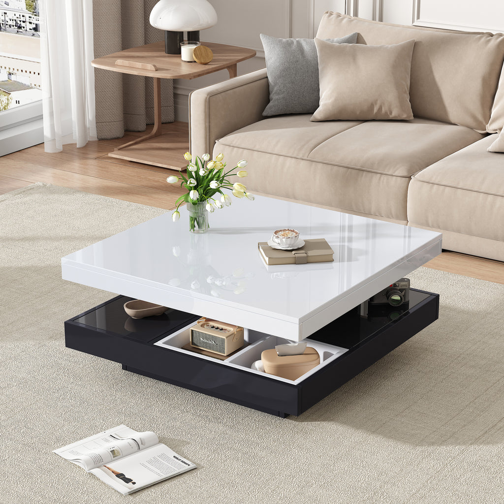 High-gloss Table Top Functional Coffee Table, Living Room Table, 360degree  Rotatable, 2-tier Swivel Table Top With Storage Compartment, White Living Room Table Top, Black Base 70x70x36 Cm