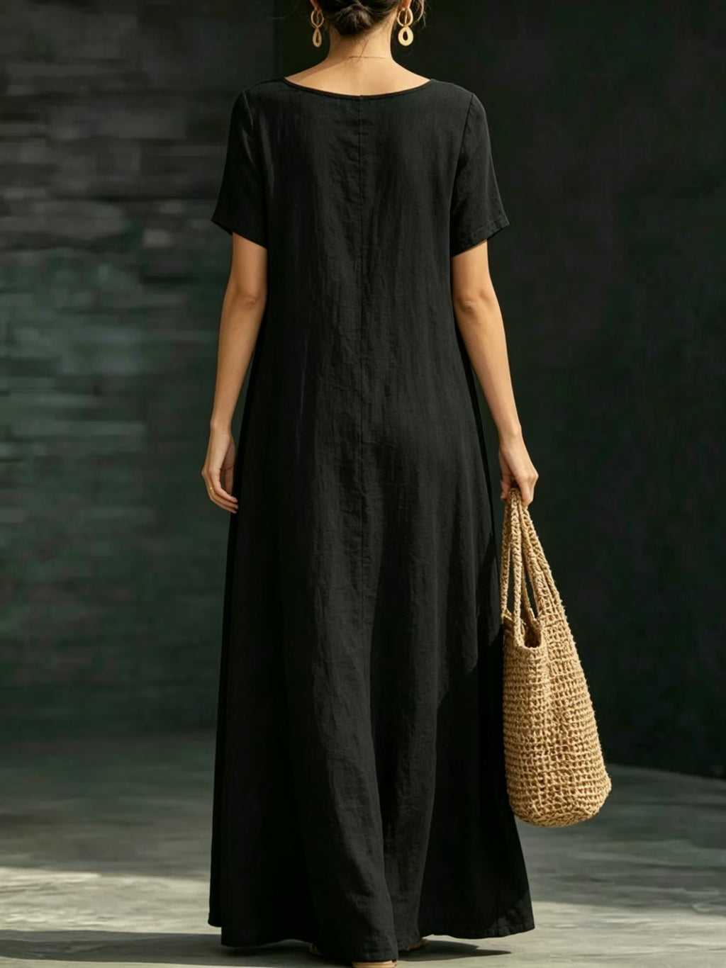 Summer U-Neck Short Sleeve Flowy Maxi Dress - Casual Solid Color Women's Loose Dress Summer Dress For Women
