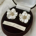 French Style White Acrylic Camellia Stud Earrings, Micro Paved Pearl & Rhinestone Vintage Heavy Metal Craft Earrings