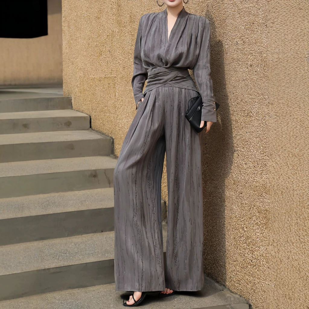Womens Fashionable Slim-Fit V-Neck Top And Waist-Cinching Wide-Leg Pants Set