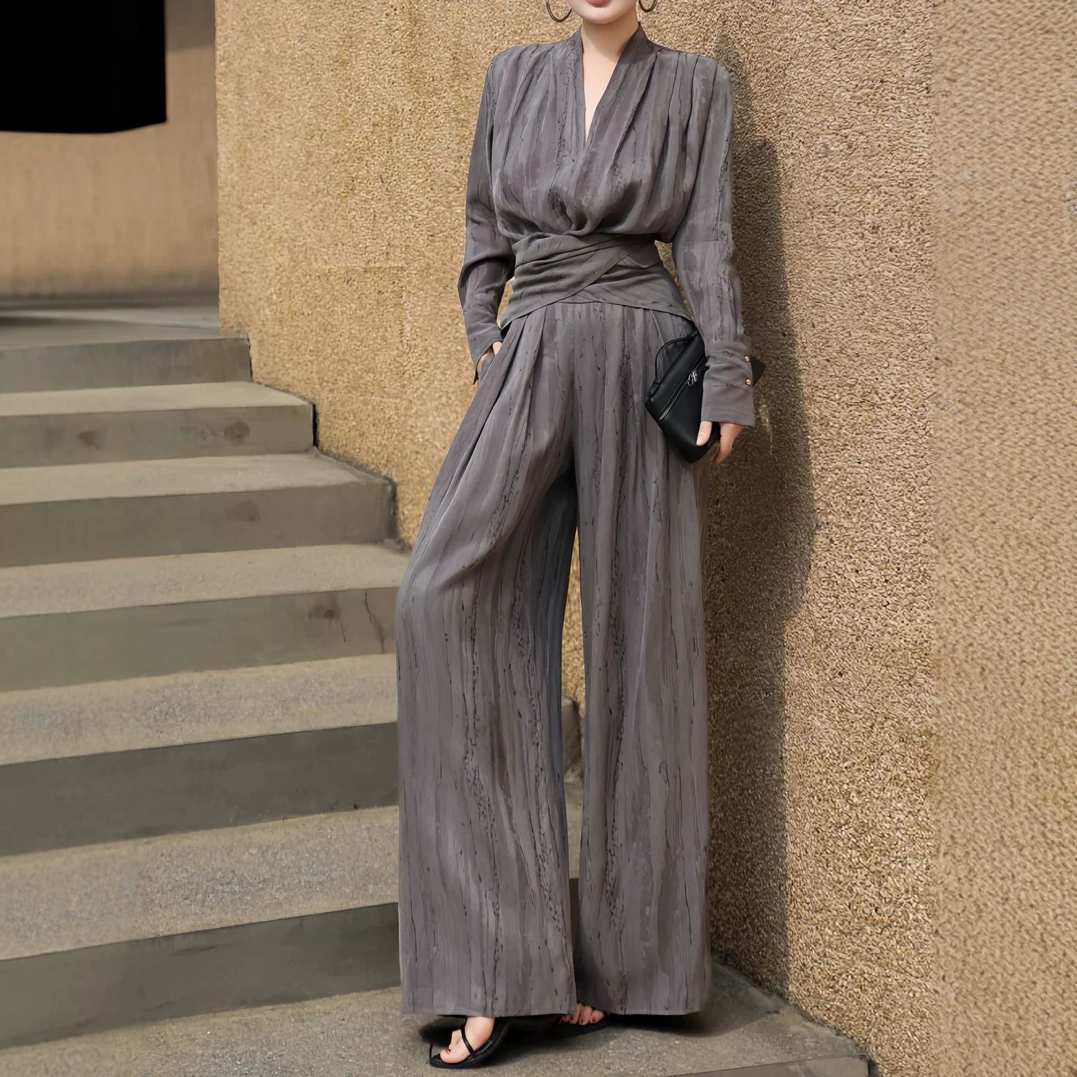 Womens Fashionable Slim-Fit V-Neck Top And Waist-Cinching Wide-Leg Pants Set