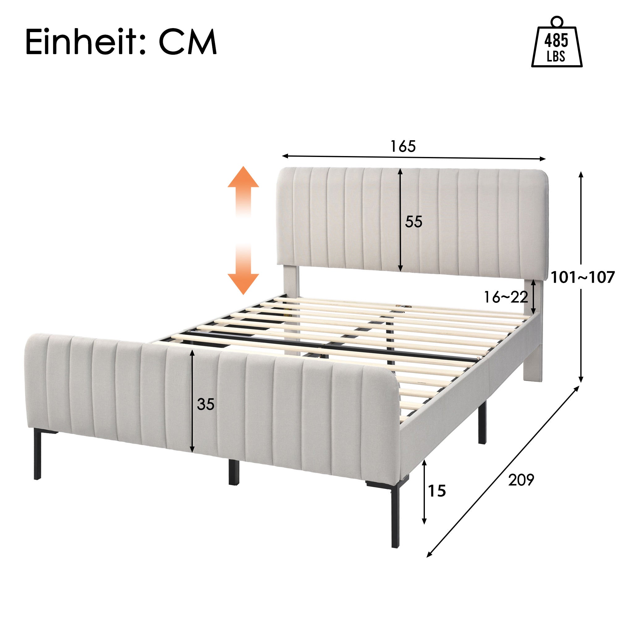 Upholstered Double Bed 160 X 200 Cm, Bed Frame With Lattice And Adjustable Head, Upholstered Bed In Grey Beige,Bed Frame Youth Bed For Bedroom Guest Room Linen Material