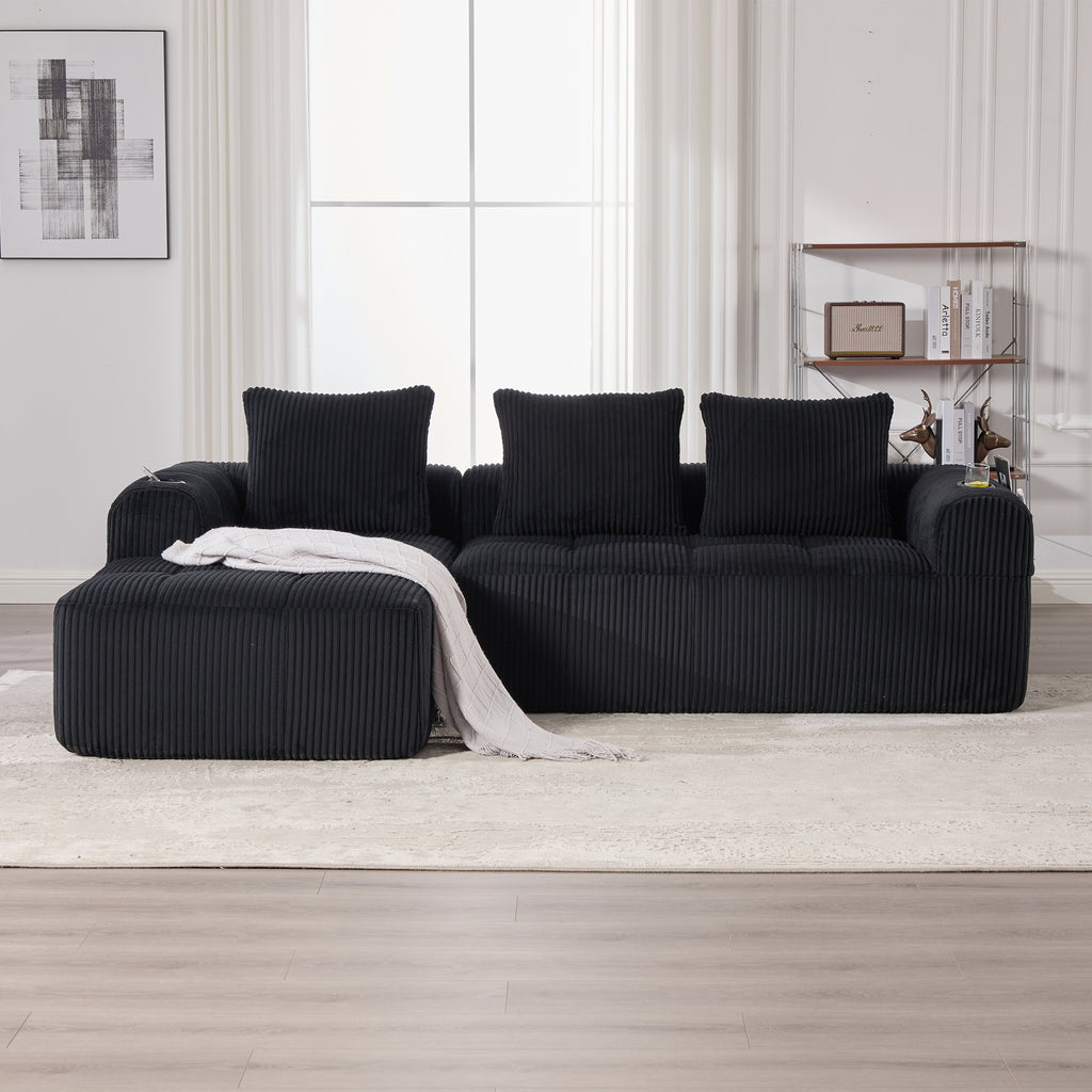 Compact Sofa Made Of Corduroy  Soft, Modular & Suitable For Everyday Use With Side Pocket And Cup Holder. High-quality Comfort For Long Periods Of Sitting, Incl. 3 Cushions. Ideal For Living Rooms, S
