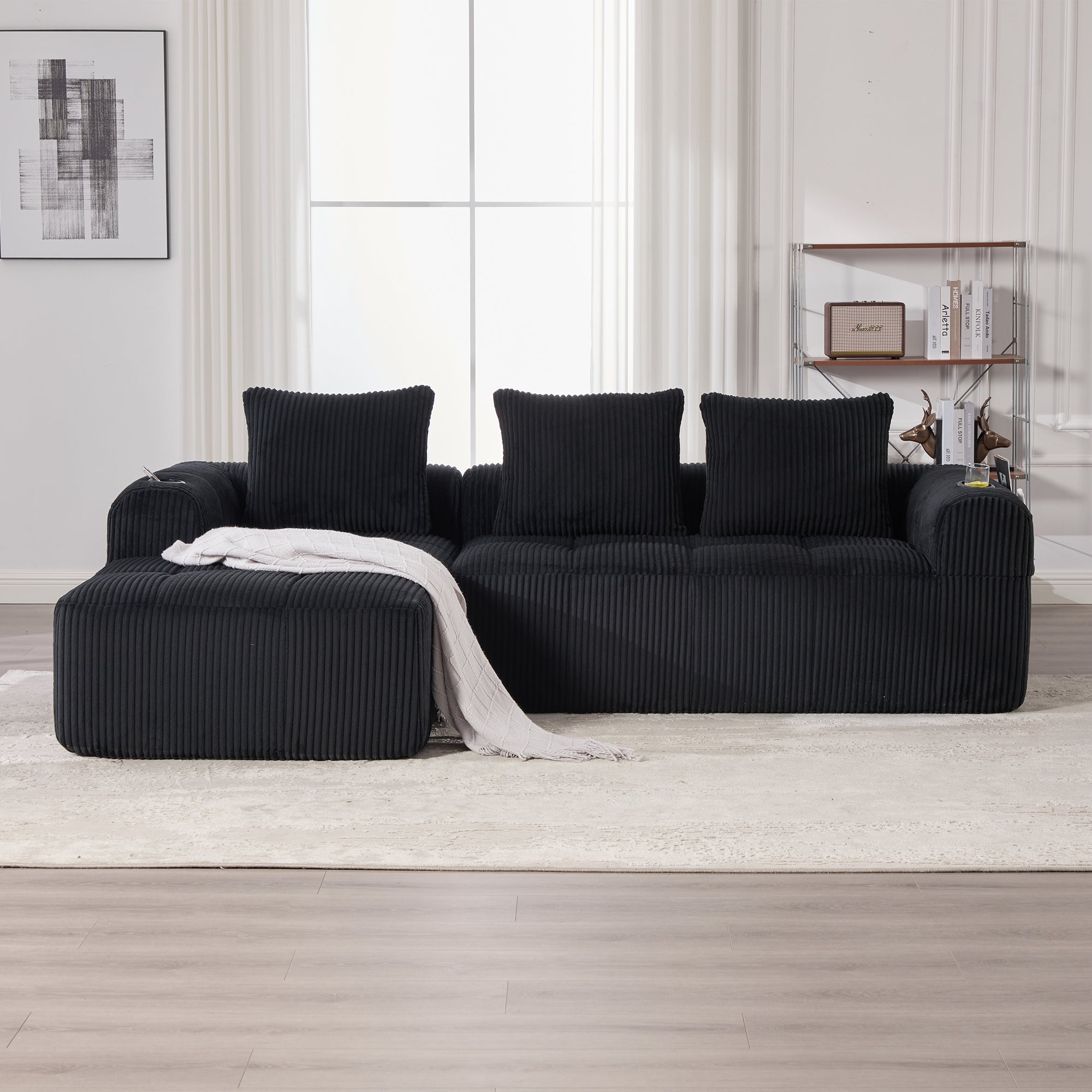 Compact Sofa Made Of Corduroy  Soft, Modular & Suitable For Everyday Use With Side Pocket And Cup Holder. High-quality Comfort For Long Periods Of Sitting, Incl. 3 Cushions. Ideal For Living Rooms, S