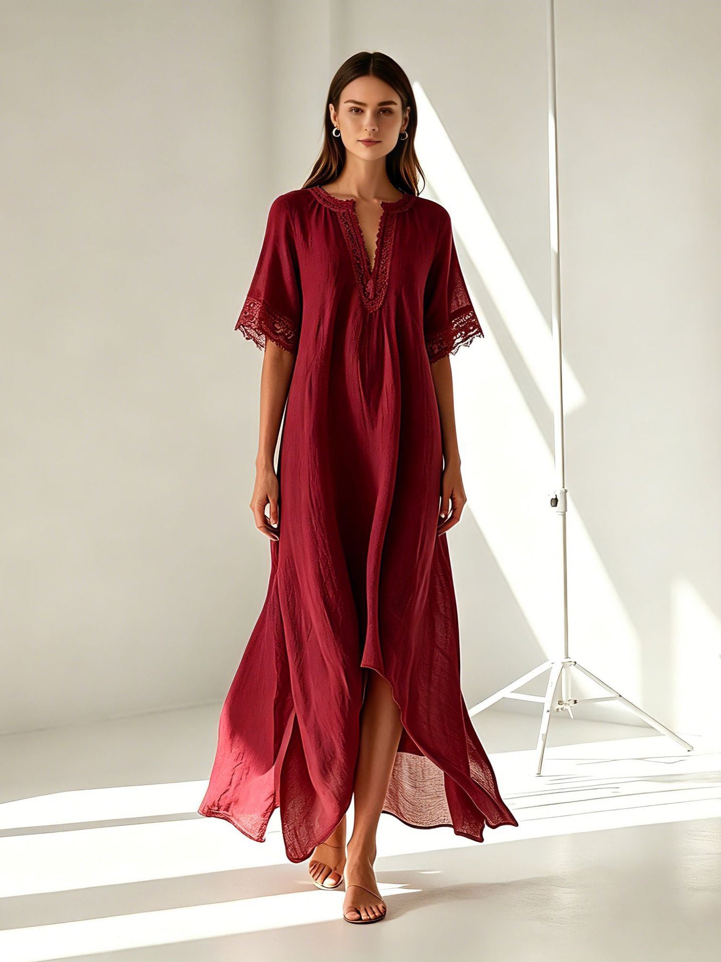 V-neck Short-sleeve Slit Bohemian Resort Dress