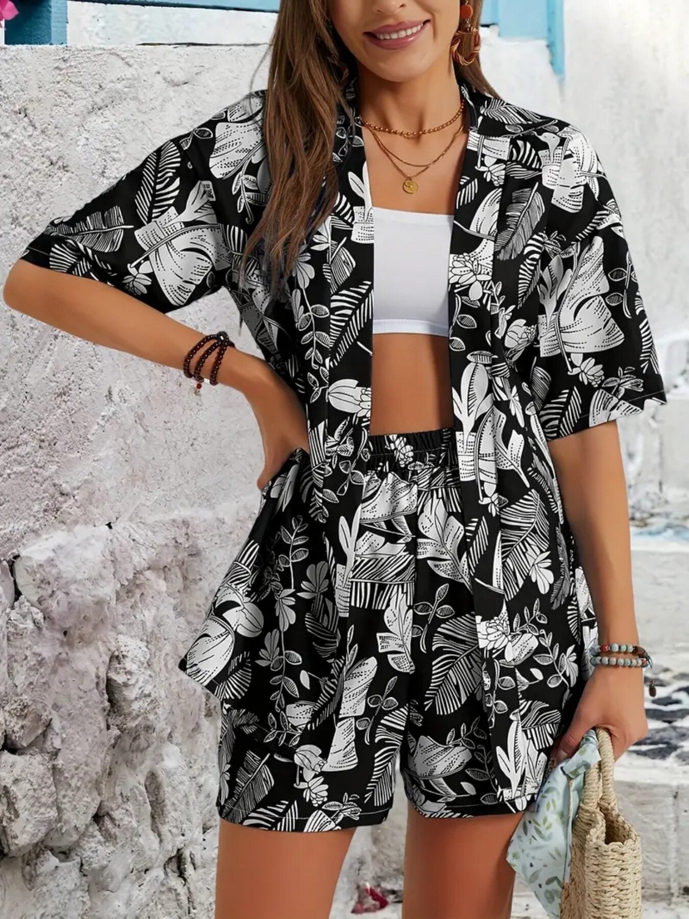 Lapel-collar Printed Short-sleeve Cardigan Shirt And Casual Shorts 2-piece Set
