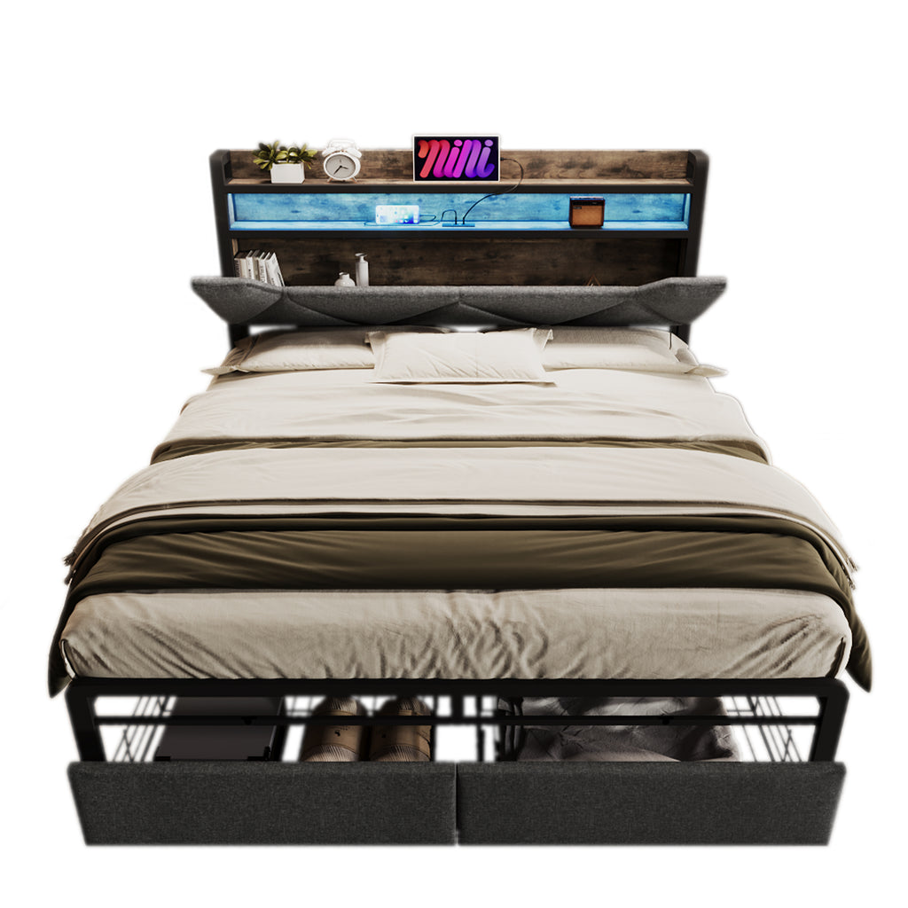 Sofa Bed With USB Type C Charging Function, Storage Head Part And LED Lighting And Drawer, Double Bed 140x200 Storage Bed Frame With Metal Frame, Grey  Without Mattress