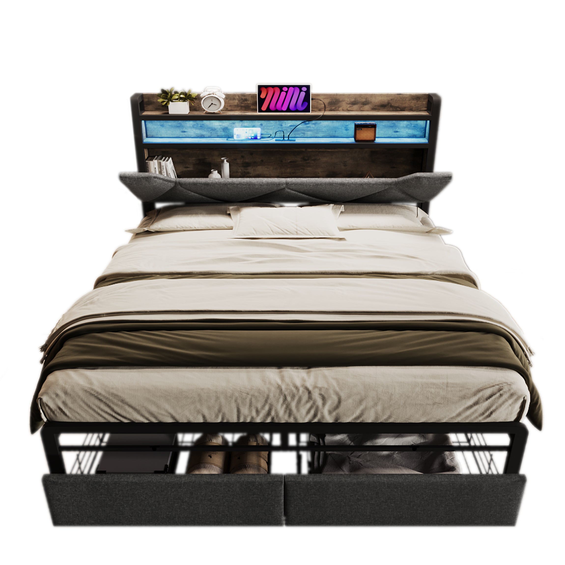 Sofa Bed With USB Type C Charging Function, Storage Head Part And LED Lighting And Drawer, Double Bed 140x200 Storage Bed Frame With Metal Frame, Grey  Without Mattress