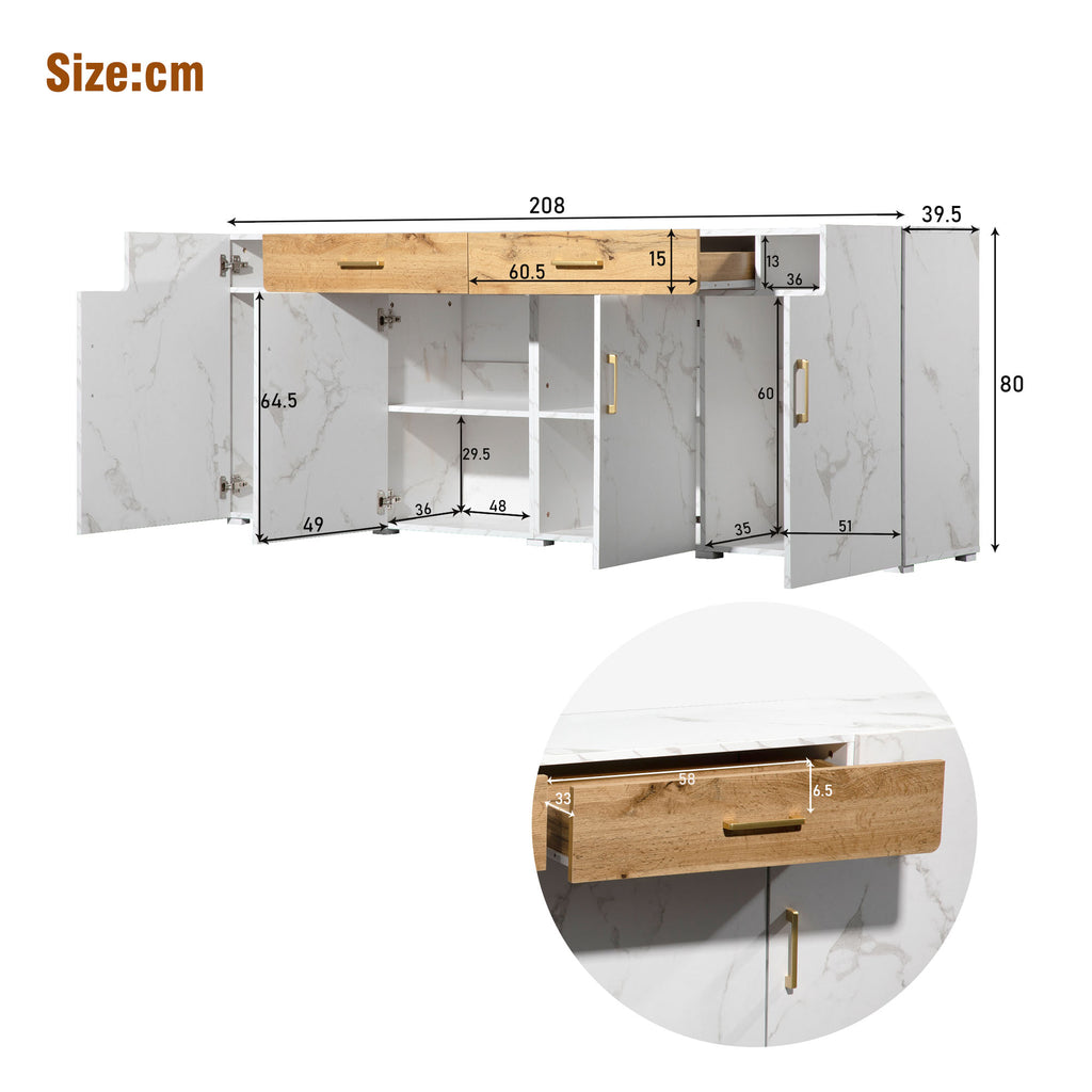 Sideboard, Kitchen Cabinet, Storage Cabinet, 208 X 39.5 X 80 Cm, Unit With 4 Doors And 2 Drawers, Sideboard Buffet