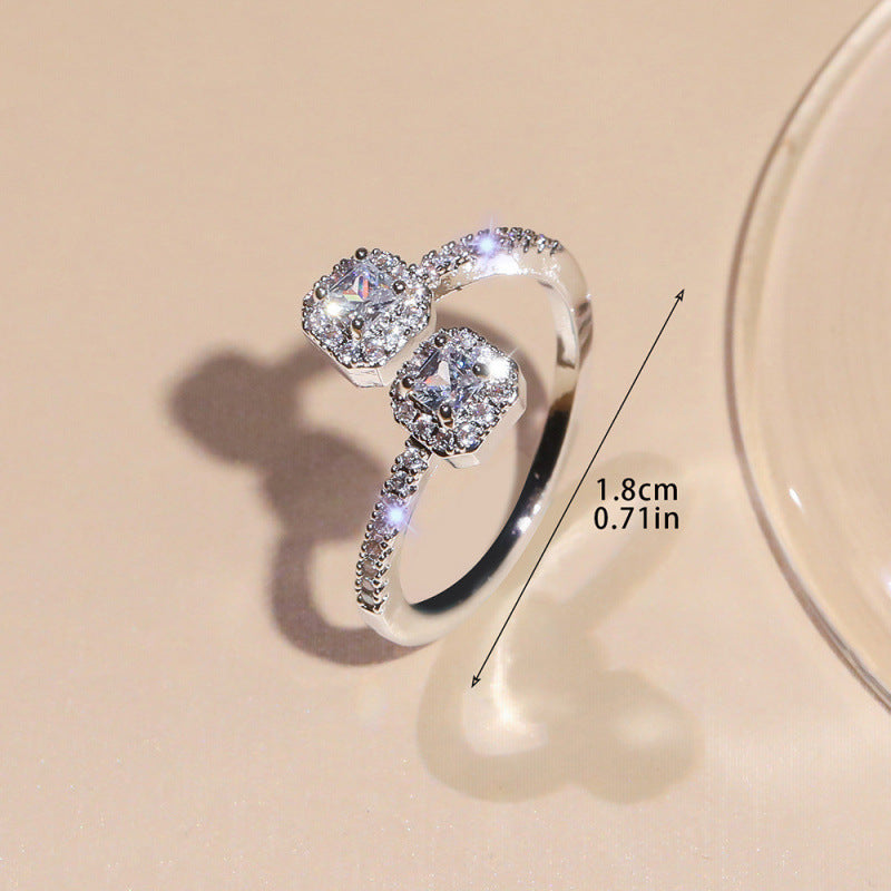 Womens OpenStyle Square Zircon Ring With Double Heads