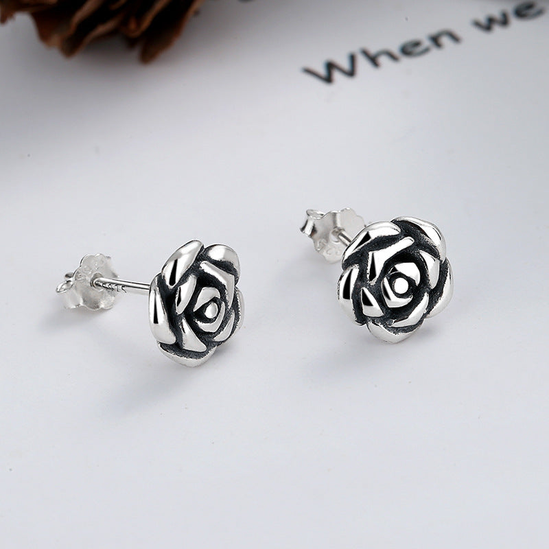S925 Sterling Silver Vintage-Style Antique-Rose Flower Stud Earrings