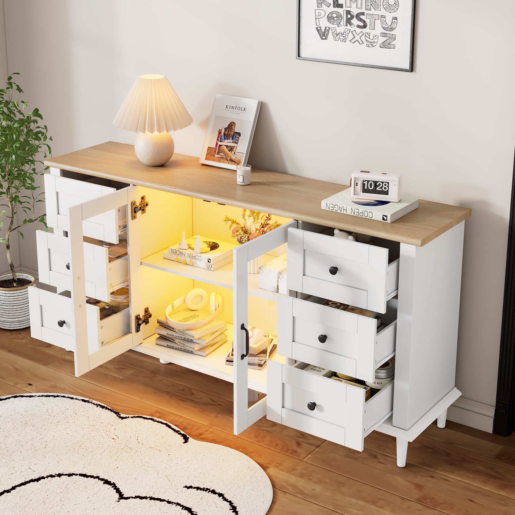 150X40X75cm Living Room Cabinet, Sideboards With 2 Acrylic Doors, 6 Drawer, LED Lights, Dining Room Cabinet, Wide Lockers, Versatile Sofa Side Cabinet, White-Wood Tone