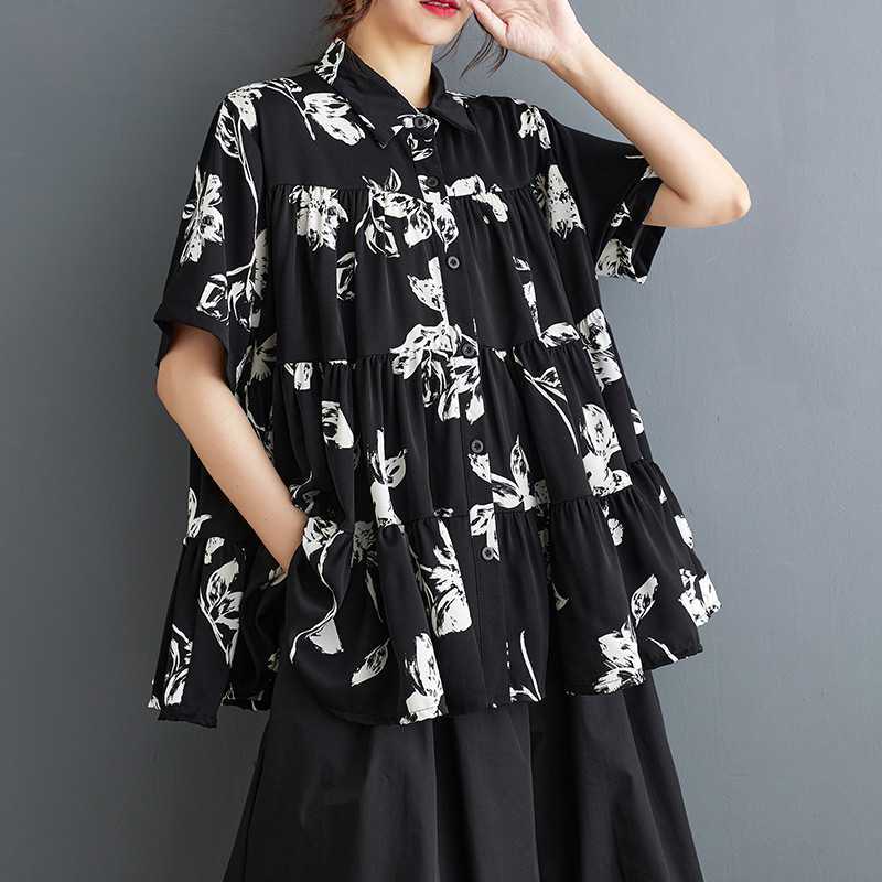 Ink Wash Print Chiffon Blouse Women Summer Loose Fit Plus Size Artistic Style Short Sleeve Top