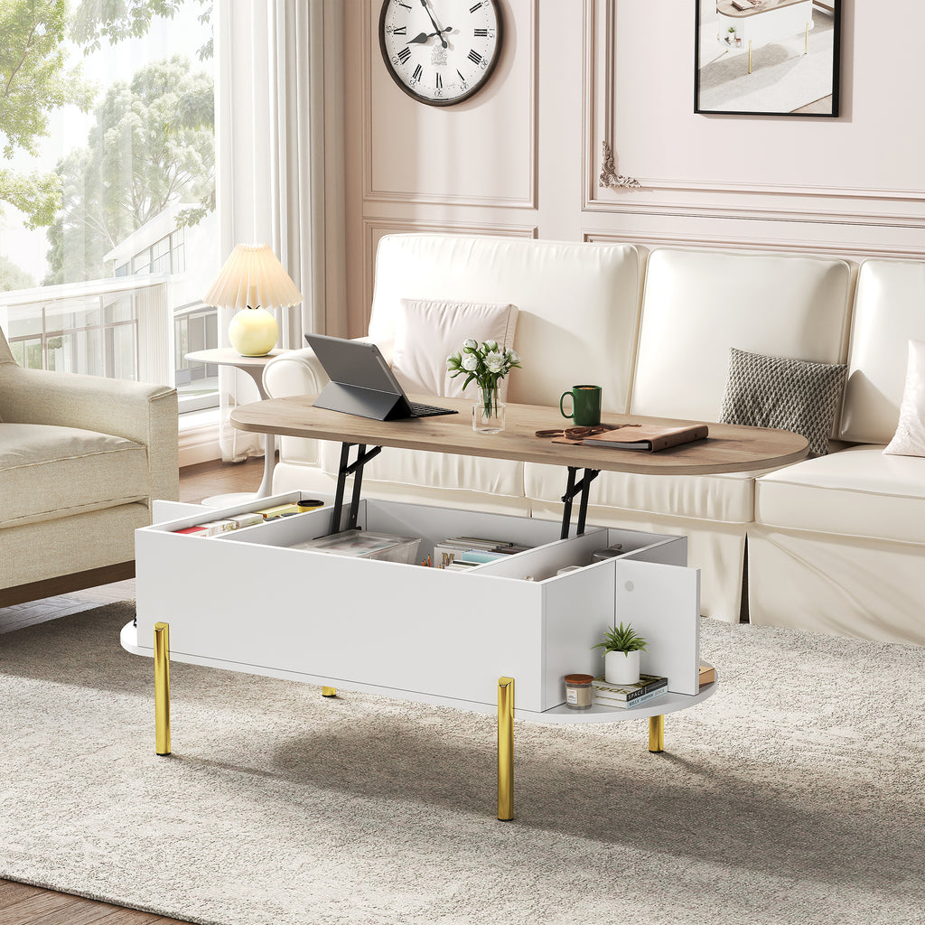 Coffee Table, Living Room Table, Coffee Table With Height-adjustable Top, Living Room Tables, Side Tables, Sofa Tables With Hidden Storage, Coffee Table With 7 Shelves, Wood Color  White