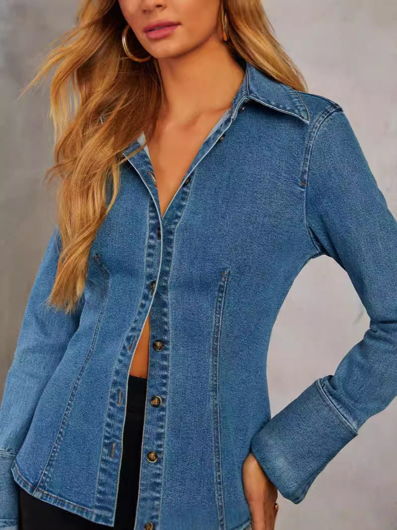 Autumn Casual Lapel Single-breasted Womens Long-sleeve Denim Jacket