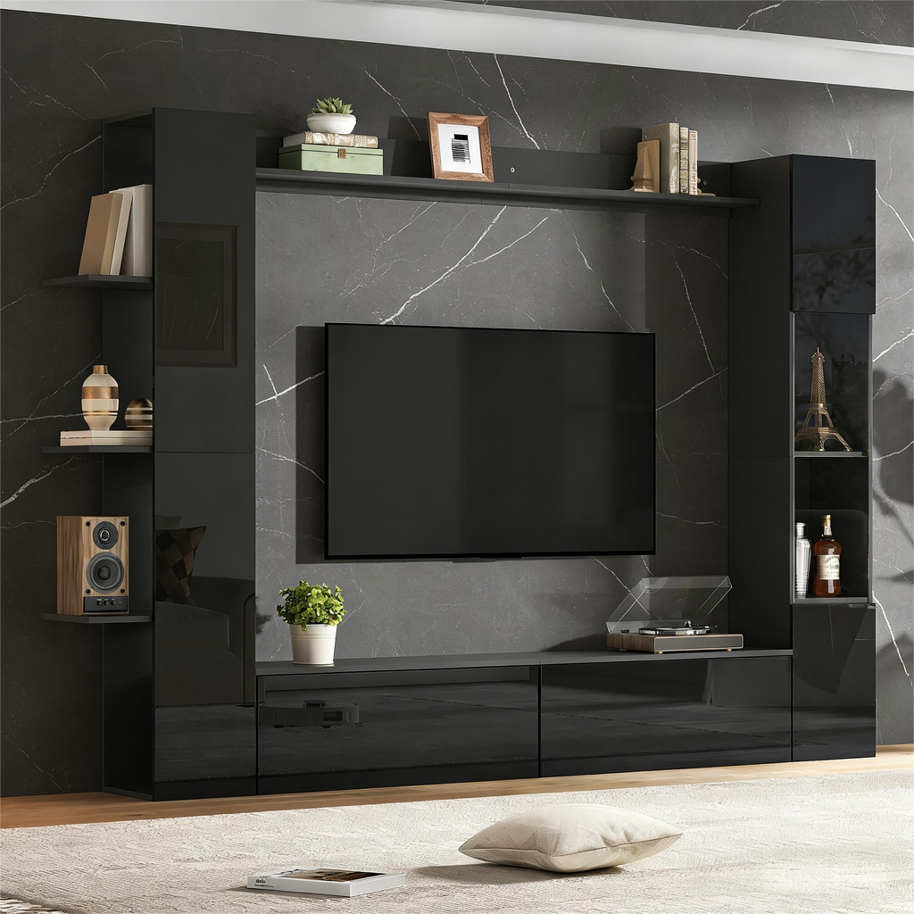 Wall Unit, Display Cabinet Door Hinge Replaceable,  Set, 4 Pcs , Compact Wall Unit With Plenty Of Storage Space, TV Cabinet, Display Cabinet, Storage Cabinet, Especially For The Living Room, Black