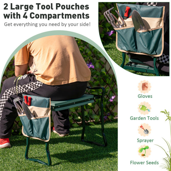 Green 2-in-1 Garden Folding Stool Kneeler, 300LBS Capacity & Built-in Tool Pouch