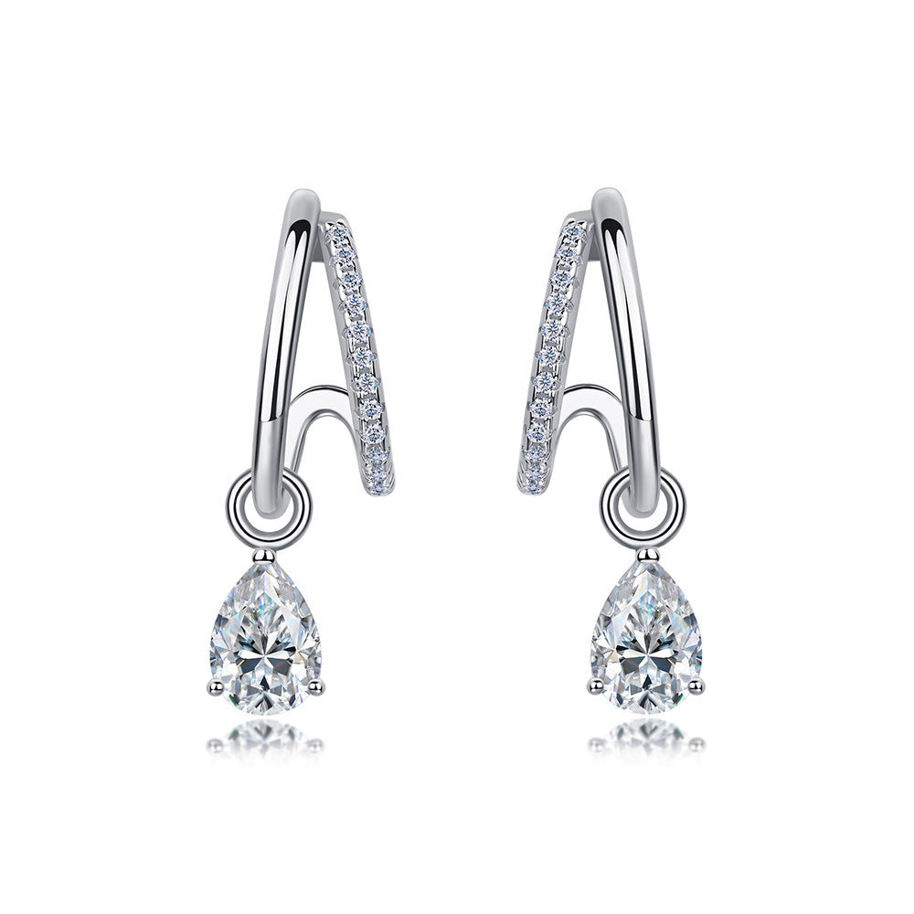 S925 Sterling Silver Double Hoop Drop Earrings, 5x7mm Pear Cut D-VVS1 Moissanite, Platinum Plated 3g Elegant Women's Jewelry Gift Box