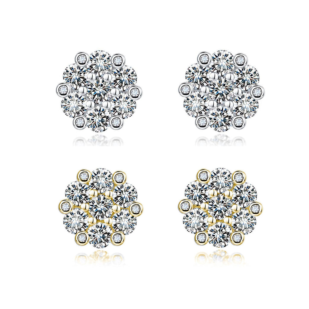 S925 Sterling Silver Floral Cluster Stud Earrings, 3mm D-VVS1 Moissanite Pave, Platinum Plated 2.5g Women's Jewelry Gift Box Set