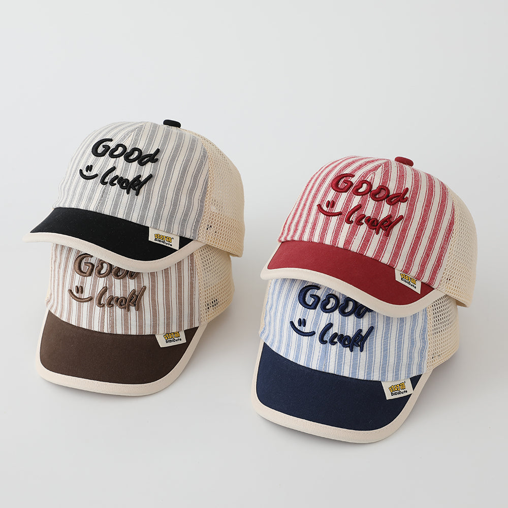 Summer Men's And Women's Striped Baseball Cap With Embroidered Letters Good Luck On The Body, Net-like Fabric, Fashionable And Casual Style