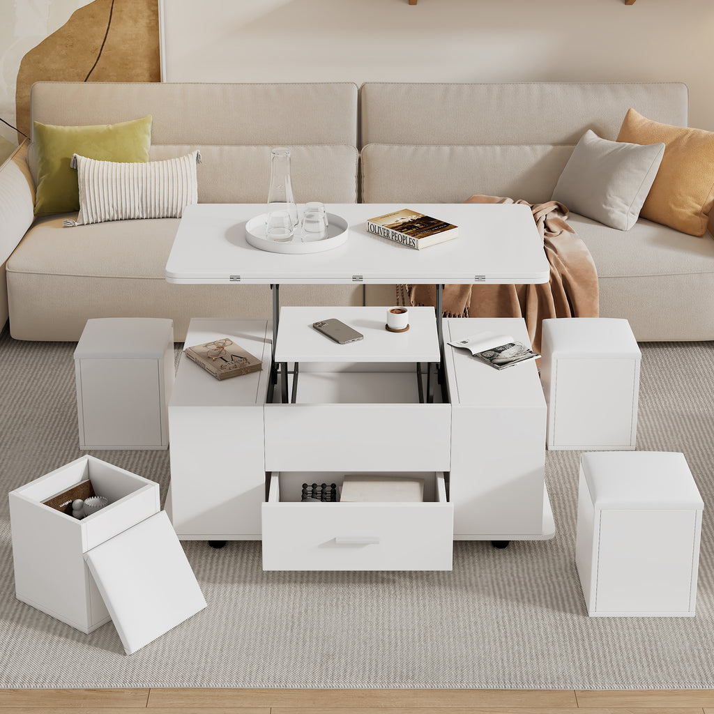 Height-adjustable Coffee Table, Movable Sofa Table, 4-in-1 Multifunctional Coffee Table Convertible Into A Living Roomdining Table, Coffee Table With Drawers, With 4 Stools, White