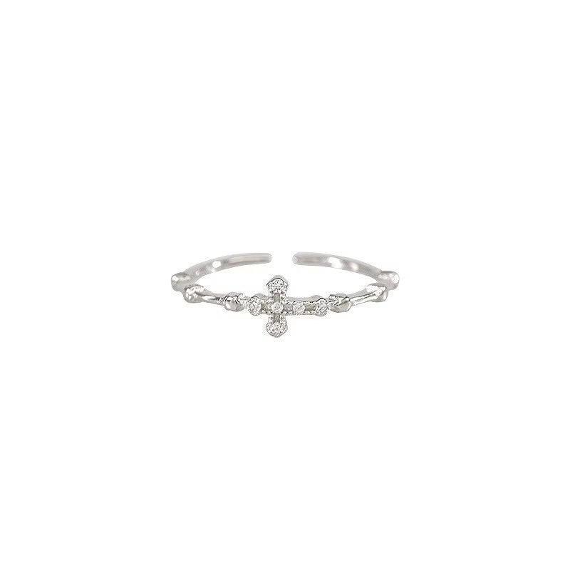 Silver Open-ring Zircon Cross Ring