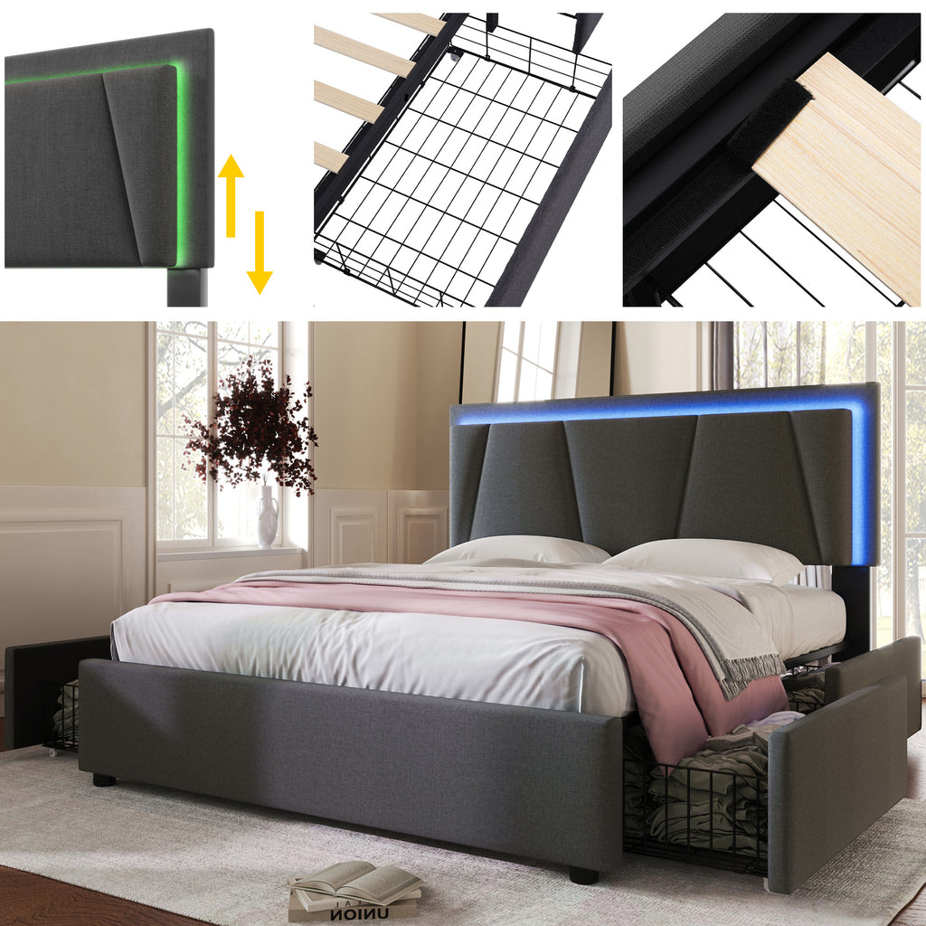 808182AAG Upholstered Bed With LED Lighting And 4 Drawers,Height-adjustable Headboard,Double Bed 160x200cm Storage Beds Bed Frame, Wooden Slatted Base, Grey  Without Mattress