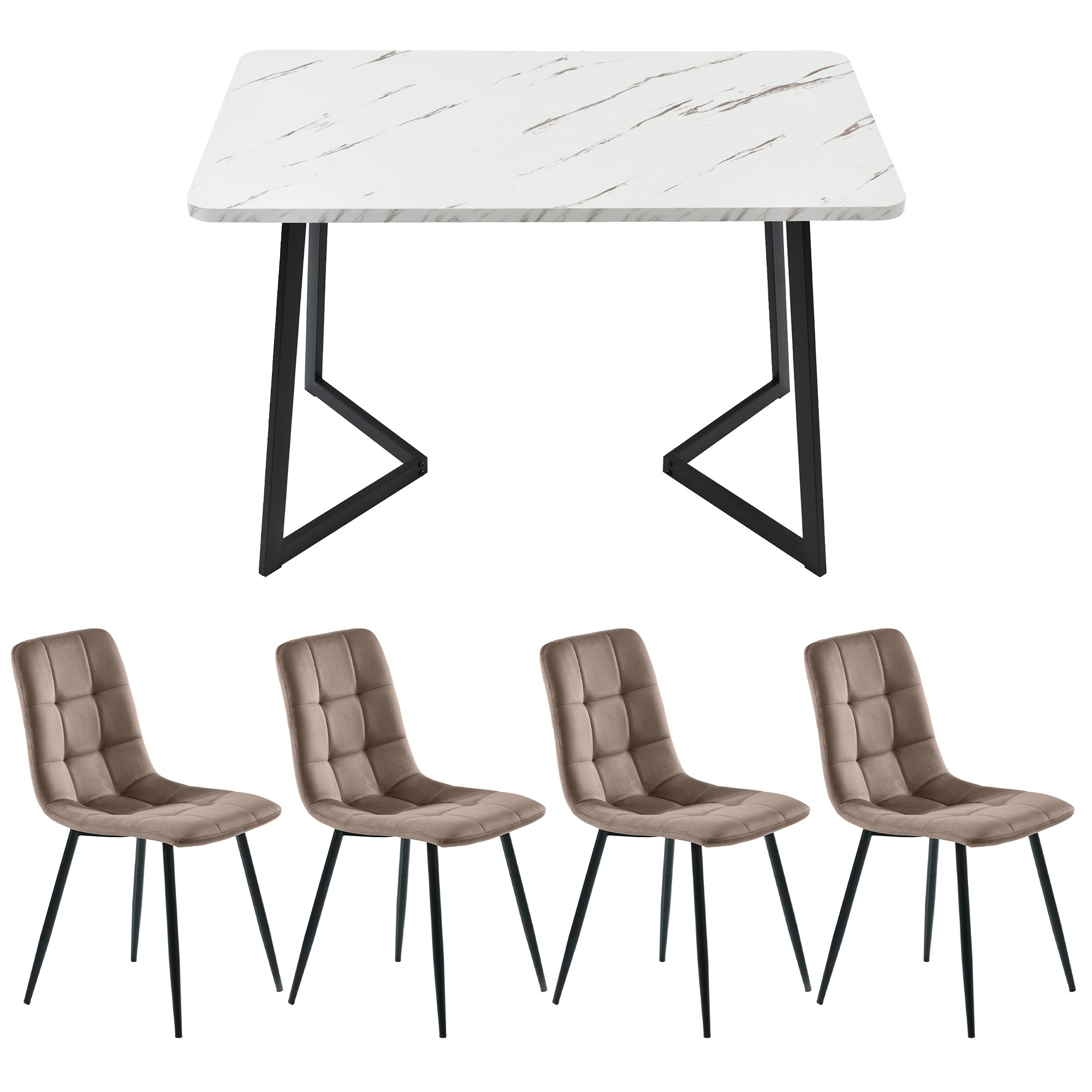 Dining Set, Set, 117x68cm Dining Table With 4 Chairs, Rectangular Dining Table, Modern Kitchen Table Set, Dining Chair Brown Velvet Kitchen Chair, Black Table Legs
