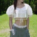 Cotton Mesh Lace Panelled Puff-sleeve Spicy-girl Style Cropped Top