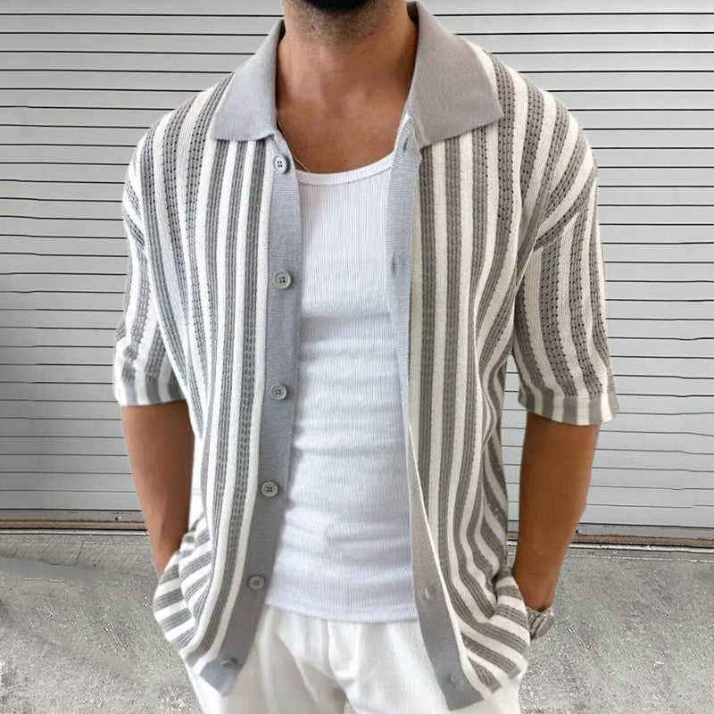 Mens Striped Colorblock Lapel Short-Sleeve Jacket