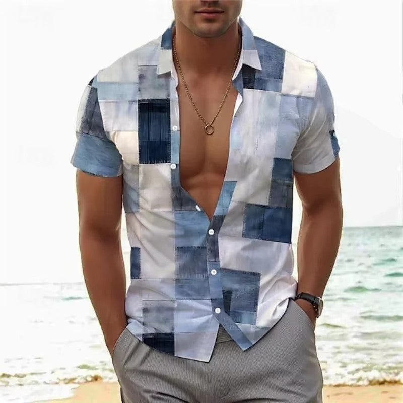 European-size Mens Casual Slim-fit Beach 3D-printed Short-sleeve Shirt
