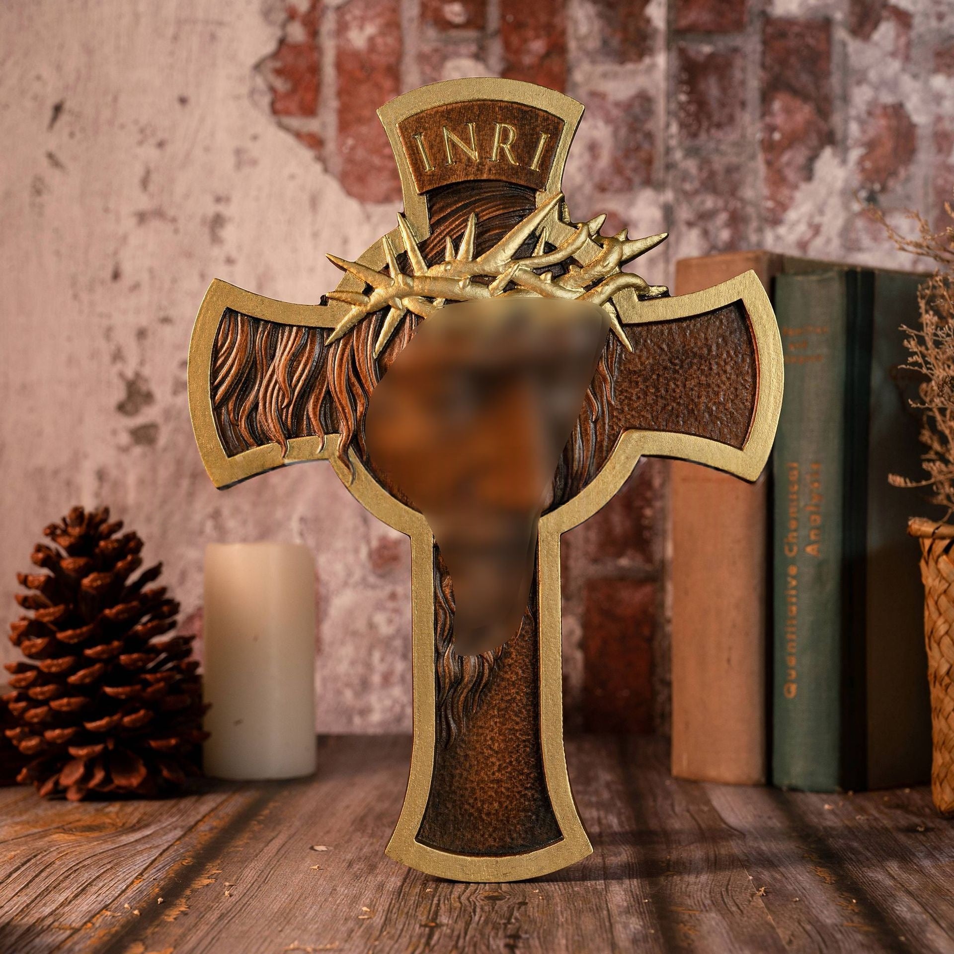 Thorned Crown Cross Wood Carving Wall Hanging Craft Decoration Ornament