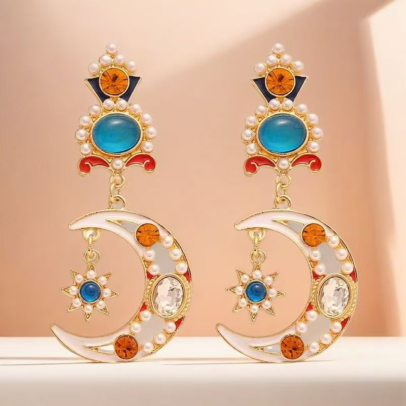 Vintage Moon & Flower Stud Earrings, High-End Ethnic Enamel Pearl Tibetan Style Unique Women's Ear Jewelry
