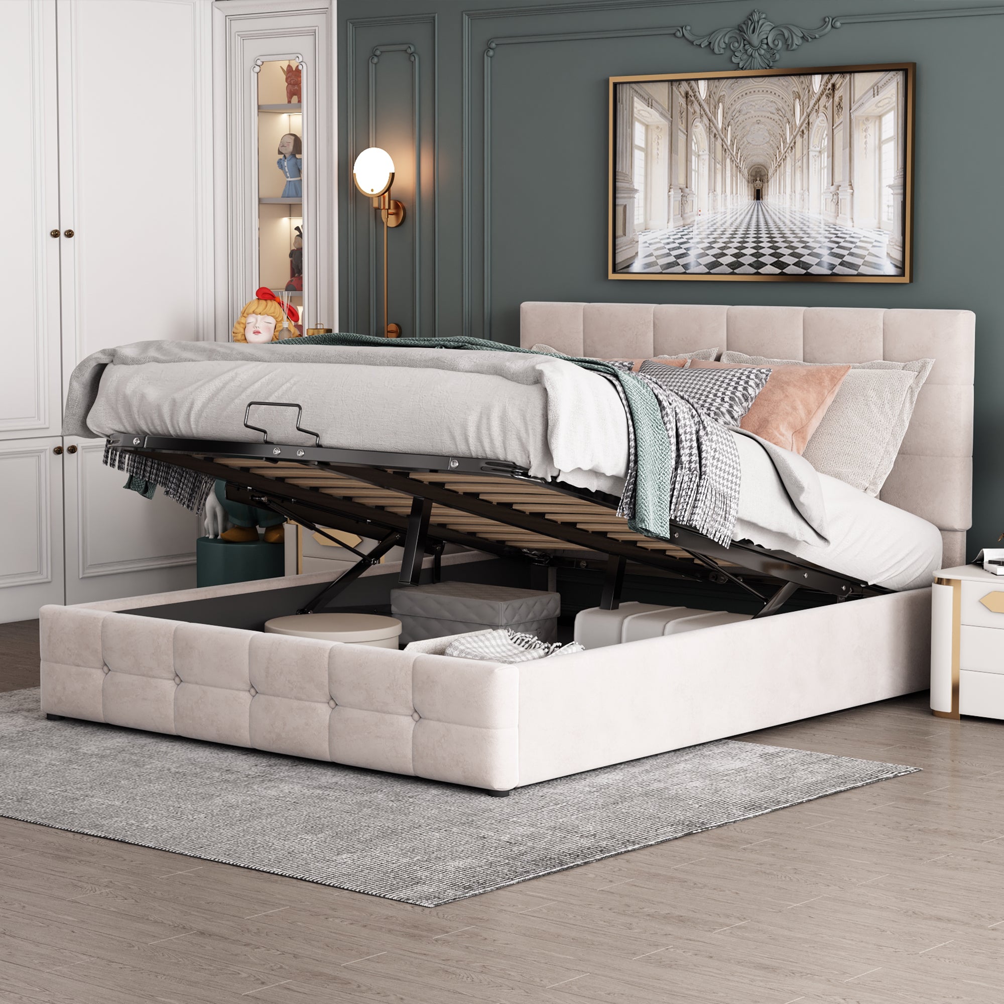 Upholstered Bed 140x200 Cm, Double Bed With Hydraulic Storage Lift, Height-adjustable Upholstered Headboard, Metal Slatted Base, Skin-friendly Velvet Fabric Suitable For Adults And Teens, Cream-whi
