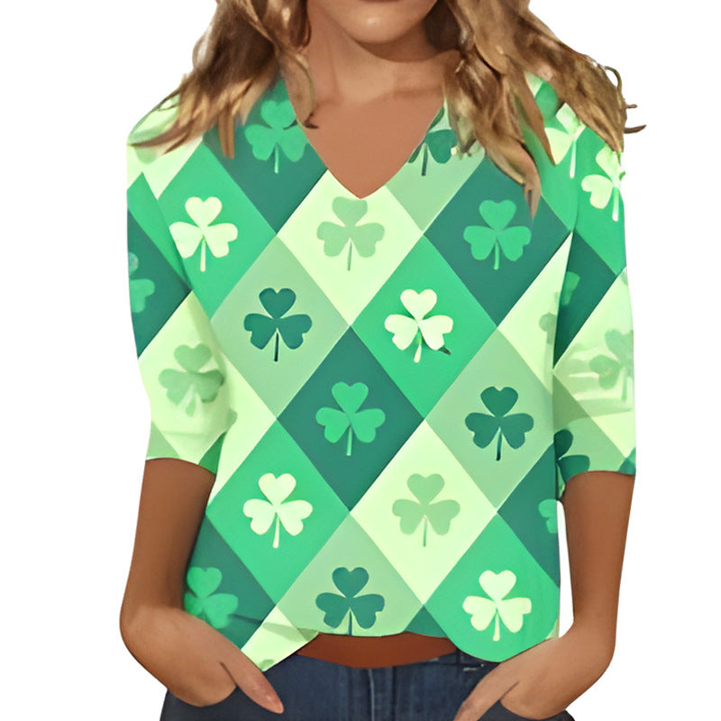 Womens Fashion V-neck Printed Loose-fitting Long-sleeve