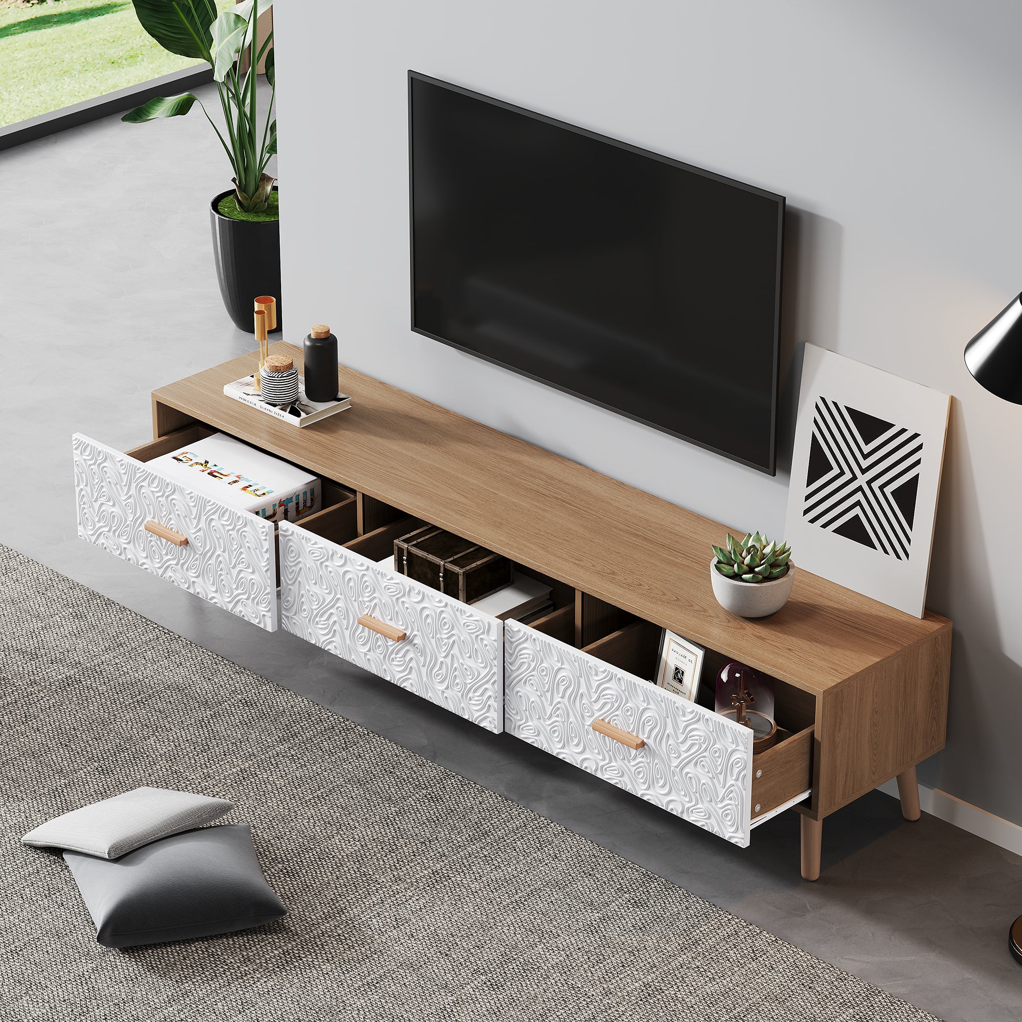 TV Low Panel Vintage, TV Cabinet Wooden TV Table - Living Room Bedroom, Light Wood, Vintage Grain White Door Panel, 150x35x39cm